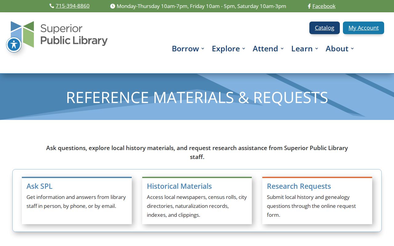 Superior Public Library local history and reference request page